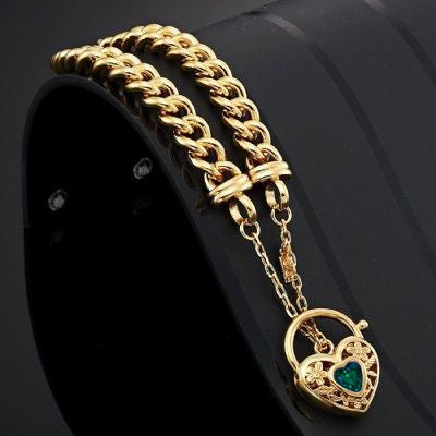 18ct Heavy Yellow Gold Plated Euro Chain Bracelet with a Green Filigree Locket - USA Made-1